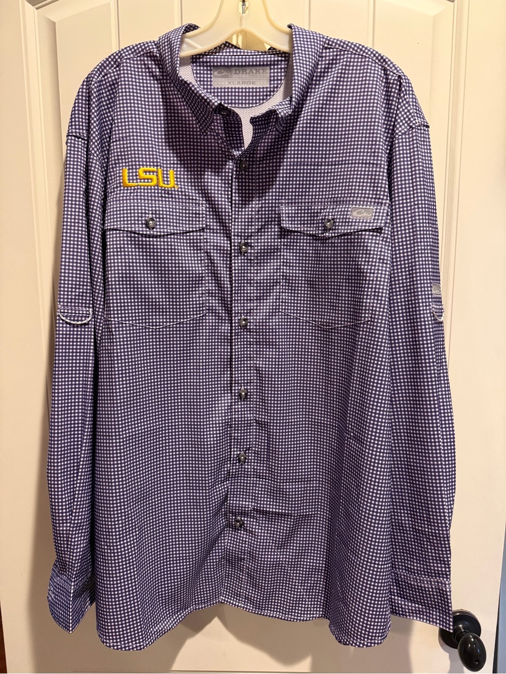 Drake Purple Gingham Button-Down Shirt with LSU Embroidery